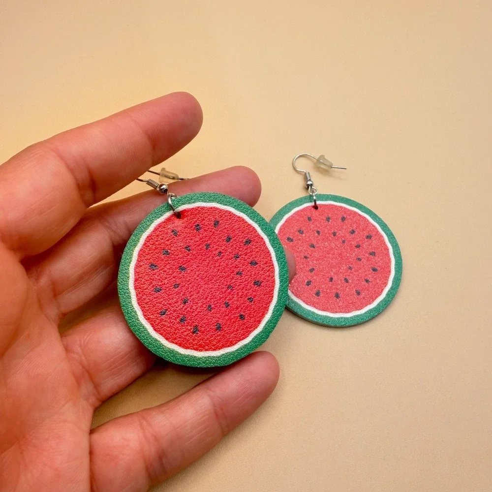 Watermelon Wood Dangle Earrings Red Green Fruit Summer Statement Novelty Gift